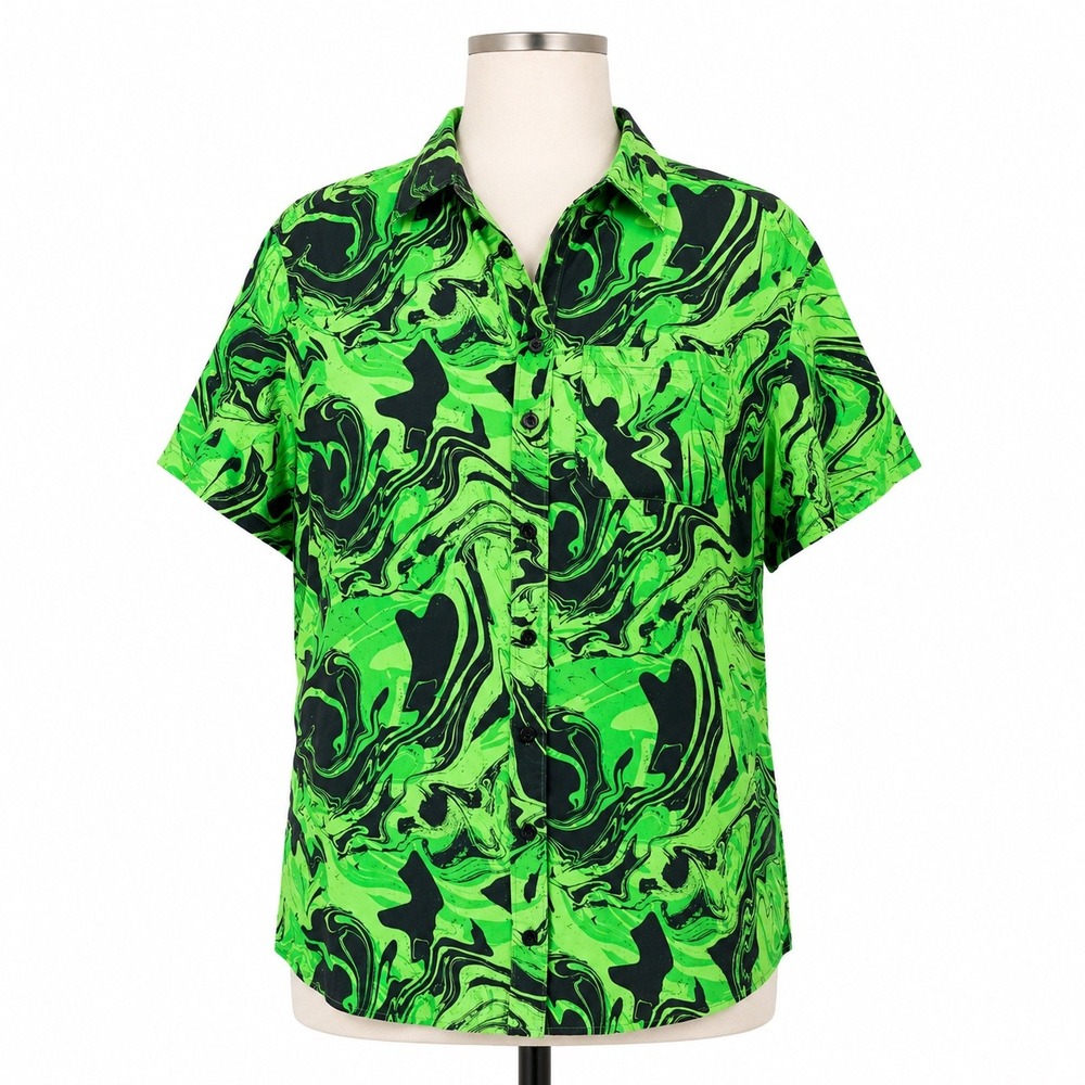 Vitriol‎ Green Marble Swirl Rayon Camp Shirt S Psychedelic Festival Streetwear